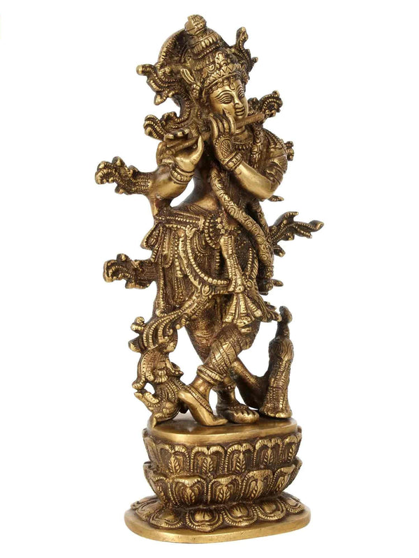 Handmade Natural Brass Sculpture of Lord Krishna Idol Playing Flute 12 inches Entryway Setting