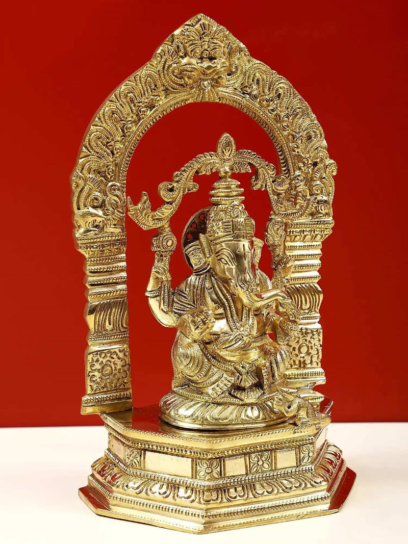 Brass Exquisite Lord Ganesha on Pedestal with Kirtimukha Prabhavali 9 inches