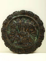 Antique black brass wall hanging plate with five-headed Ganesha, 11 in
