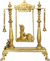 16-inch brass Krishna butter swing statue with bells, chained swing and arched top