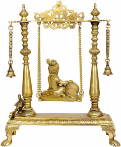 16-inch brass Krishna butter swing statue with bells, chained swing and arched top