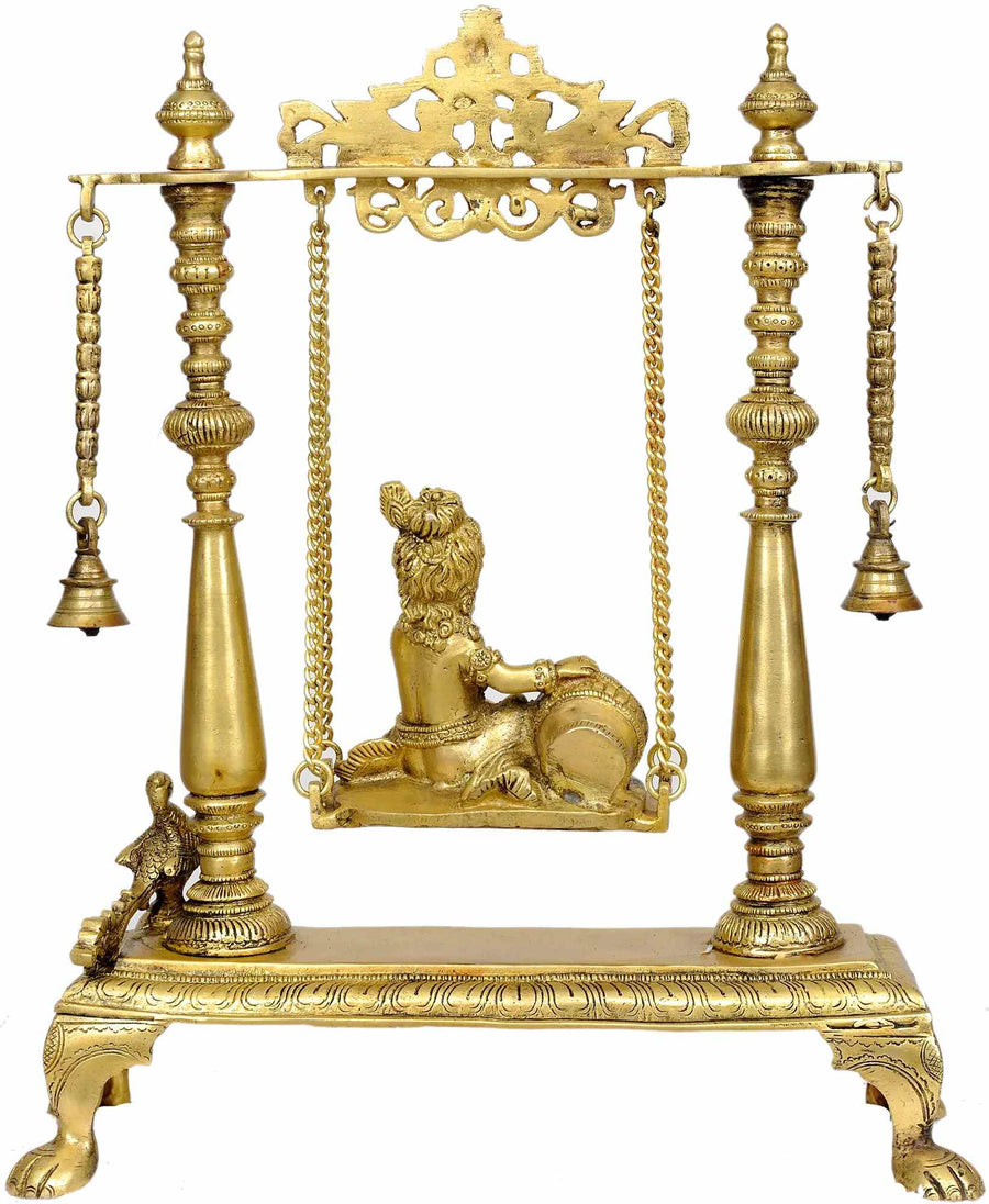 Brass Statue of Butter Krishna on a Swing 16 INCHES Craft Detail