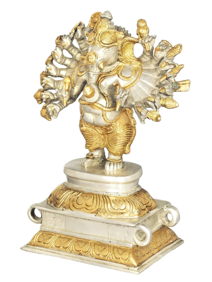 Brass  Amazing silver Gold Sixteen-Armed Vira Ganesha Sculptures 8 inches Craft Detail