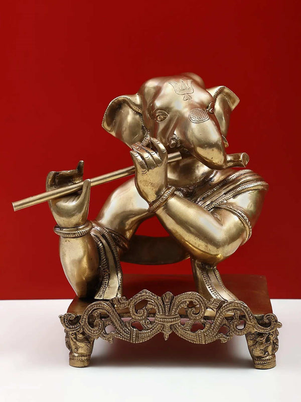 Brass Statue of Ganesha Playing the Flute 11 inches