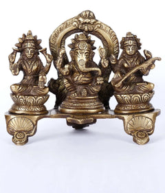 Brass Ganesha-Lakshmi-Sarasvati triad statue, 5-inch on pedestal