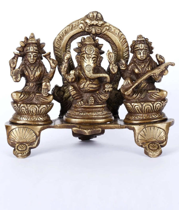 Brass Triad of prosperity featuring Ganesha, Lakshmi, and Sarasvati 5 inches