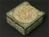 Brass Lord Ganesha box, antique green finish with colorful deity relief on top