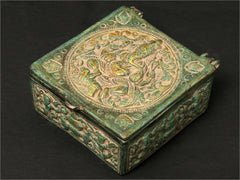 Brass Lord Ganesha box, antique green finish with colorful deity relief on top