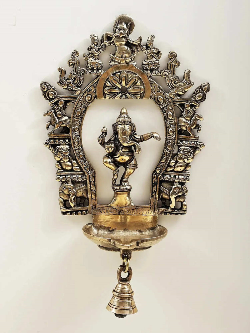 Dancing Ganesha Brass Frame Diya with Bell 12 inches