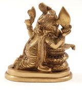 Brass Lord Ganesha idol in seated pose, ornate engravings, 6 inch