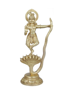 Natural brass Krishna statue, archer-like pose on serpent tail base, 13 in