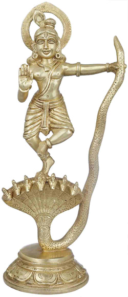 Natural Brass Statue Depicting Kaliya Vijaya Lila of Shri Krishna 13 inches