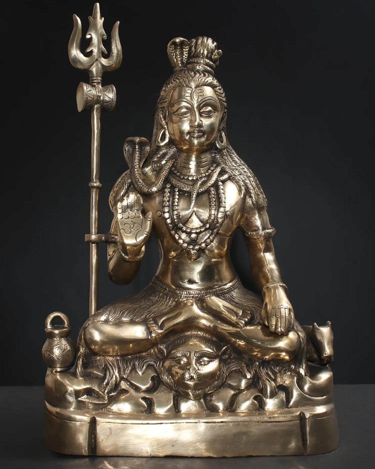 Brass Lord Shiva statue seated blessing gesture with trident, 17-inch decor figurine