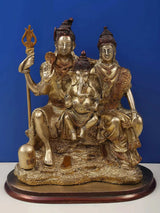 Brass Shiva Parvati Ganesha statue, seated on ornate base, 13 in