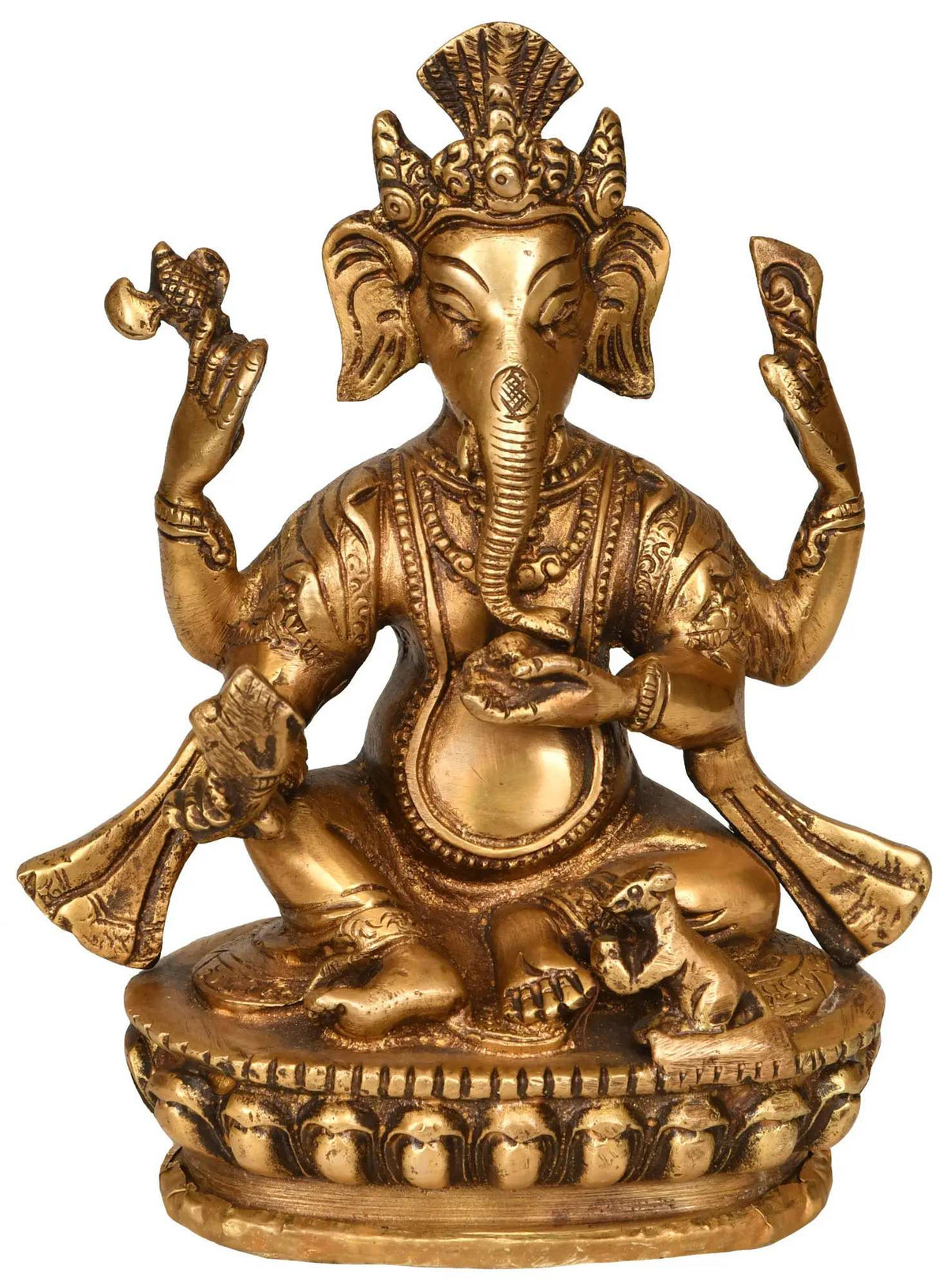 Brass Ganesha idol in Nepalese style, seated with raised arms, 6 inches