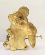 Brass Radha Krishna wall hanging, side view of seated figures with flute