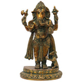 Brass Standing Ganesha statue, front view with raised hands and mouse at feet