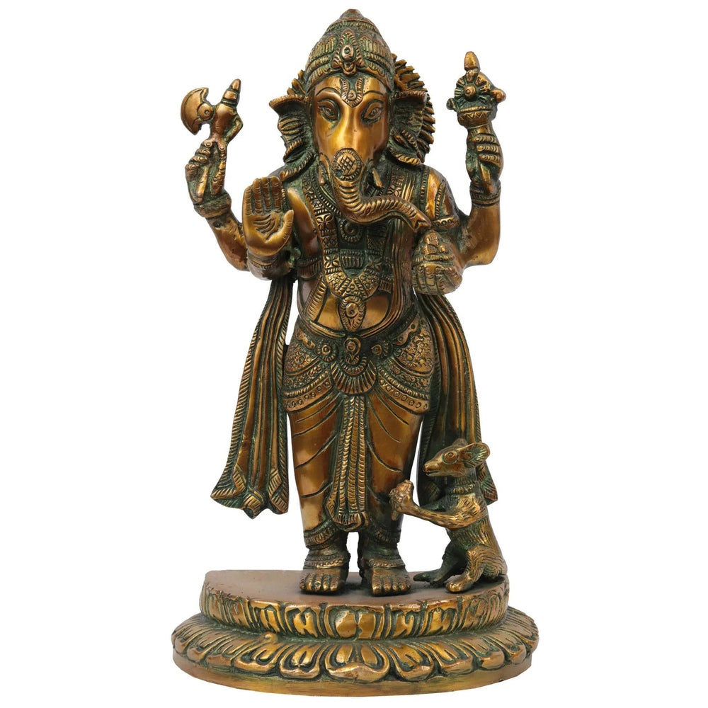 Brass Standing Ganesha statue, front view with raised hands and mouse at feet