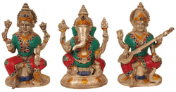 Brass Set of Three Brass Statues - Lakshmi, Ganesha, Saraswati 6 Inches