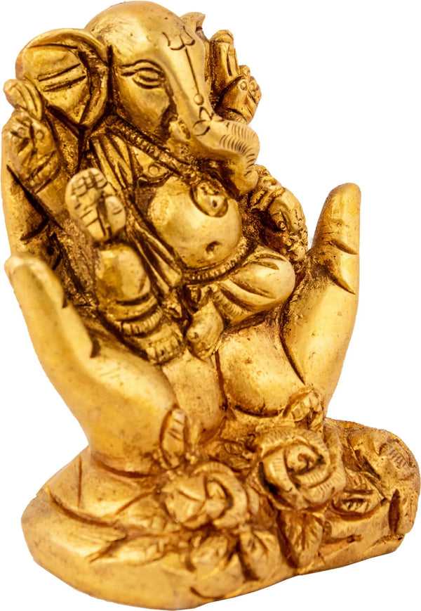 Brass Ganesha Seated In The Fold Of One's Palms 2 inches