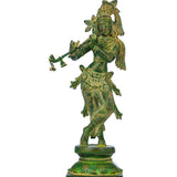 Green brass Lord Krishna standing statue, playing flute, ornate detailing, 14 inches