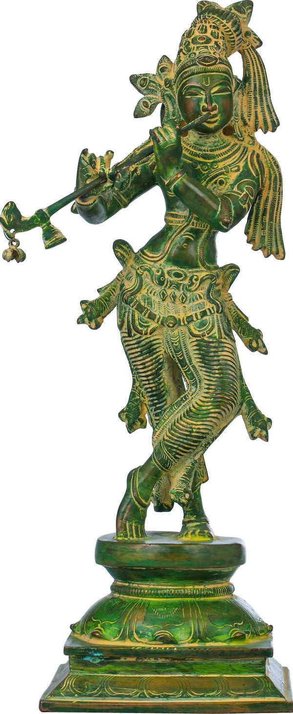 Green chala Brass Statue of Standing Lord Krishna Playing the Flute 14 inches