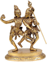 Natural brass Shiva-Parvati dancing statue, 6-inch, two figures with raised spear and drums