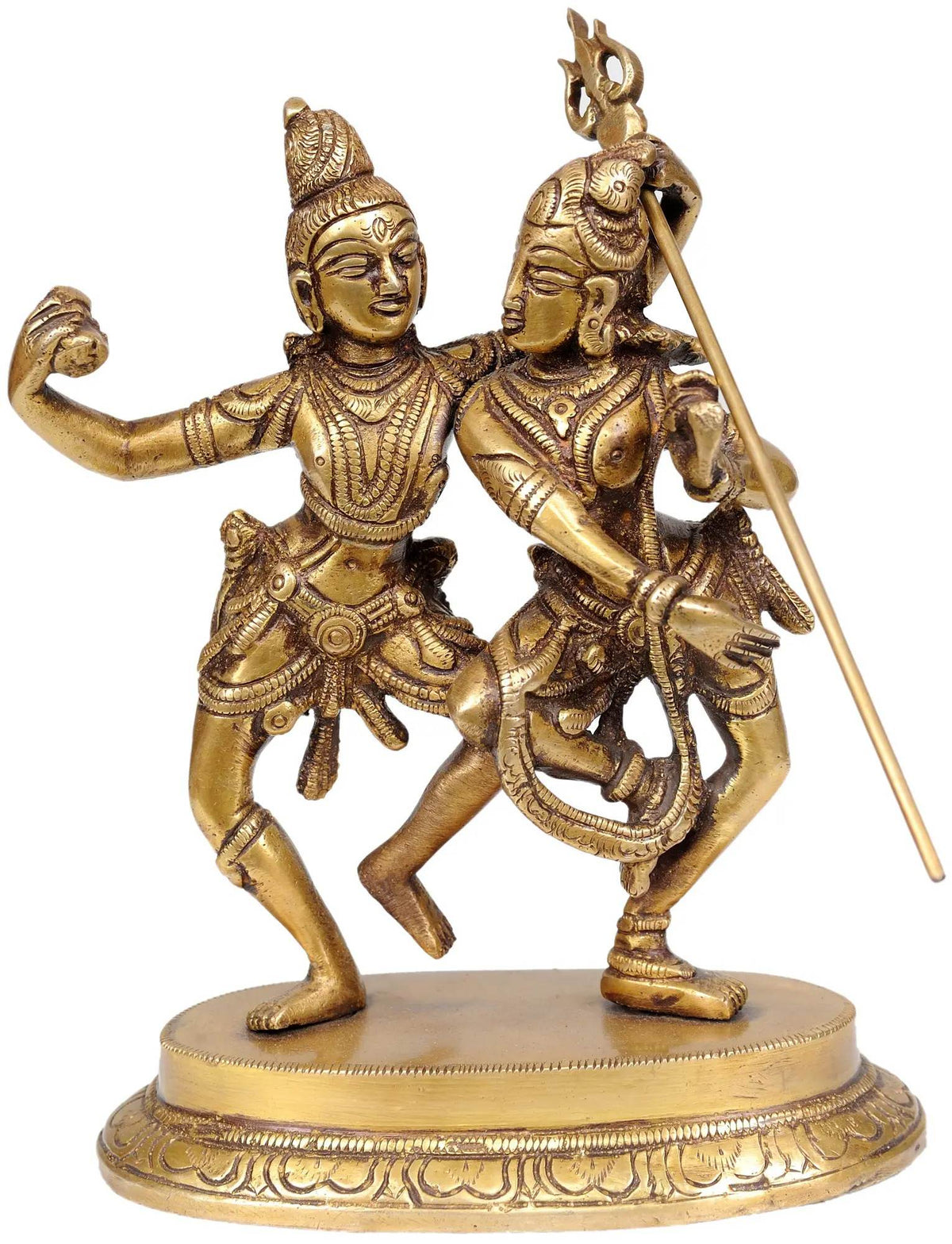 Natural brass Shiva-Parvati dancing statue, 6-inch, two figures with raised spear and drums