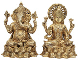 Brass Lakshmi and Ganesha figurine set, seated, ornate crowns, raised blessing hands