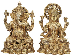 Brass Lakshmi and Ganesha figurine set, seated, ornate crowns, raised blessing hands