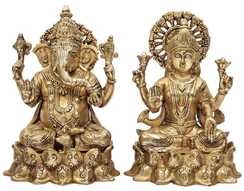 Brass depiction of Goddess Lakshmi and Lord Ganesha 9 inches