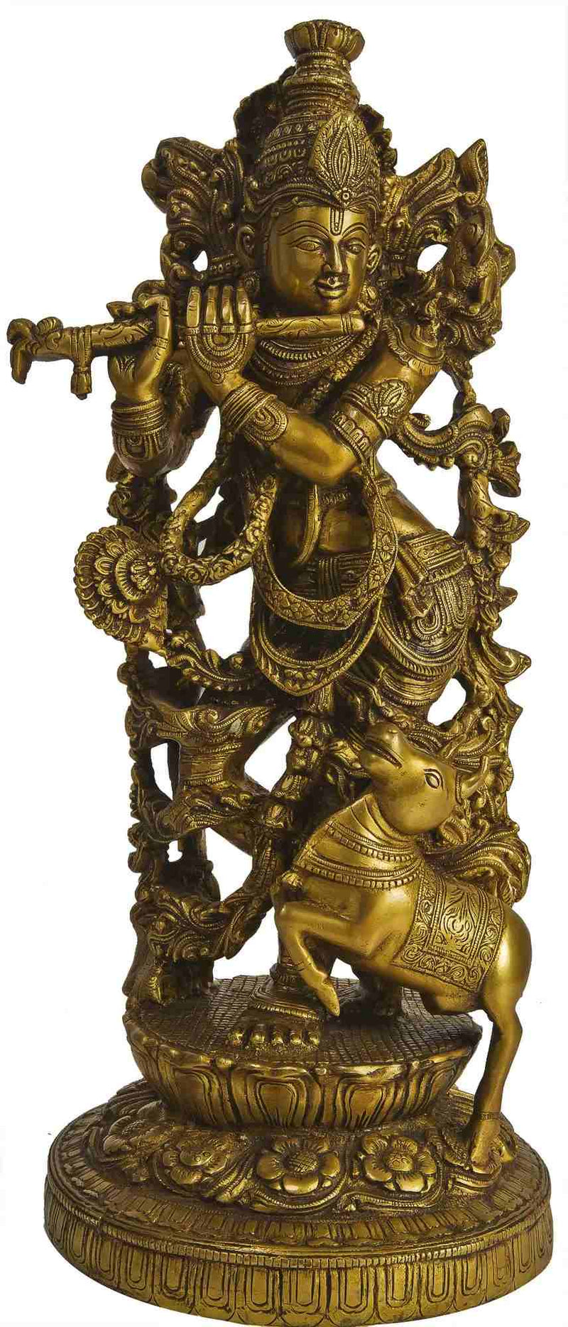 Handmade Brass Statue of Lord Krishna with His Cow 17 Inches