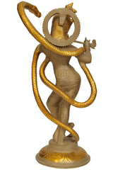 Brass Sri Krishna statue with arched serpent hood around figure, side view