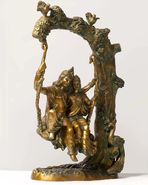 Henna Touch Brass Statue of Radha-Krishna Swinging in Amorous Bliss 18 CM Entryway Setting