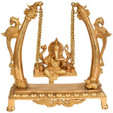 Brass Lord Ganesha statue on swing with chains and seated figure, 10 inches