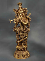 Brass Krishna flute statue, ornate details, front view, 18 in