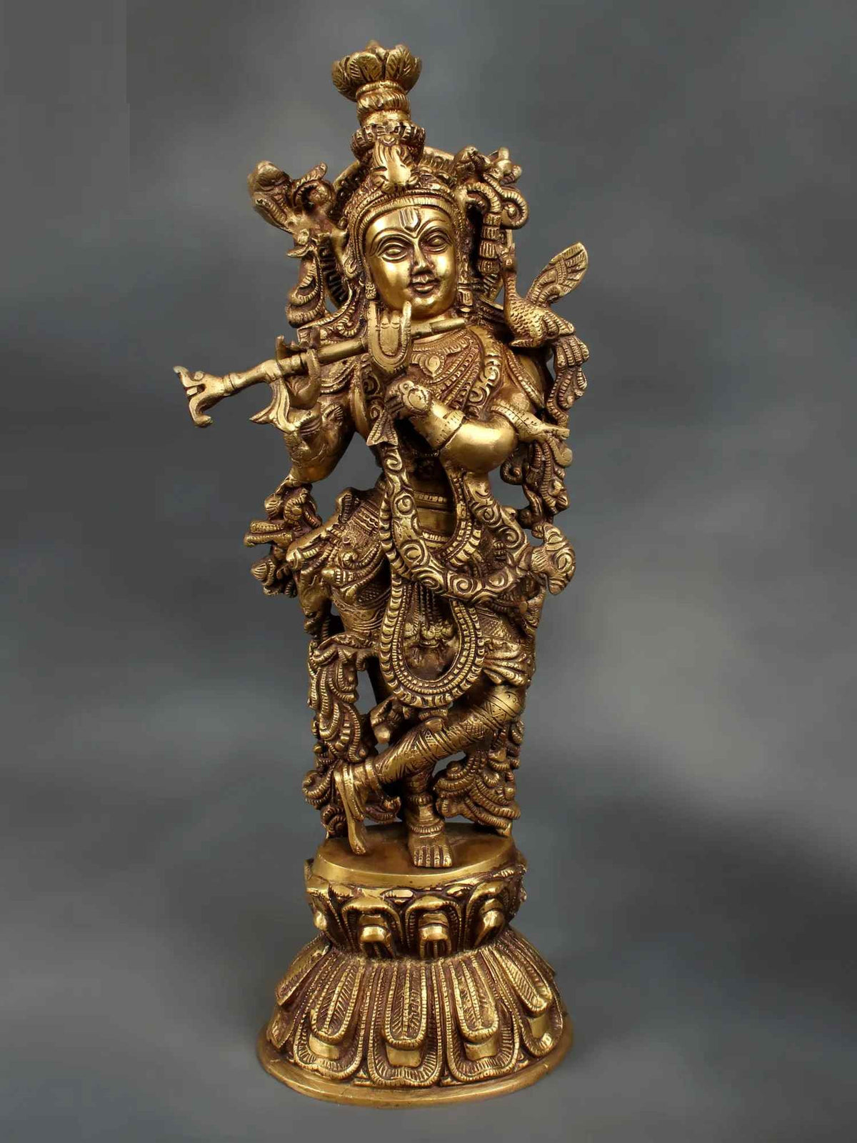 Brass Krishna flute statue, ornate details, front view, 18 in