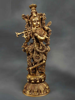 Brass Krishna flute statue, ornate details, front view, 18 in