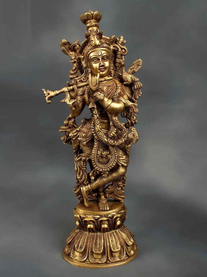 Brass statue depicting Lord Krishna playing the flute 18 inches