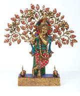 Brass Krishna flute statue with tree, colorful attire, 16 inches, square base