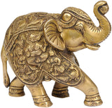 Brass elephant figurine, side view with raised trunk and carved Ganesh & Riddhi Siddhi