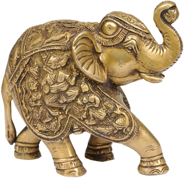 Brass Elephant with Upraised Trunk Carved with ganesh and ridhi sidhi 5 inches Entryway Setting