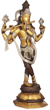 Lord Krishna cosmic-form statue with flute and tridents, gold head and silver body details