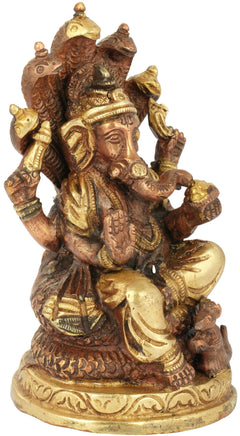 Ganesha brass sculpture on Shesha Naga base, seated, brown and gold tones
