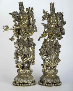 Brass Radha and Krishna statues, 15 in, detailed crowned figures