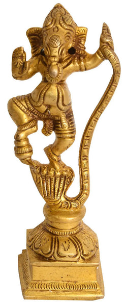 Brass Statue of Lord Ganesha Dancing on Kaliya 5 inches