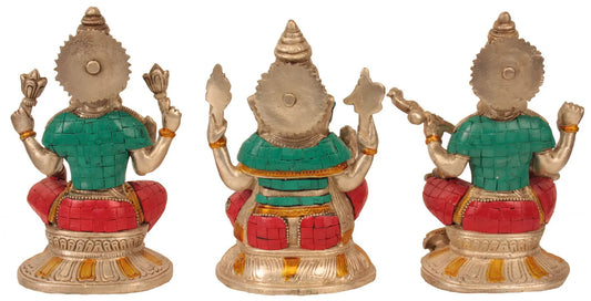 Brass Set of Three Brass Statues - Lakshmi, Ganesha, Saraswati 6 Inches