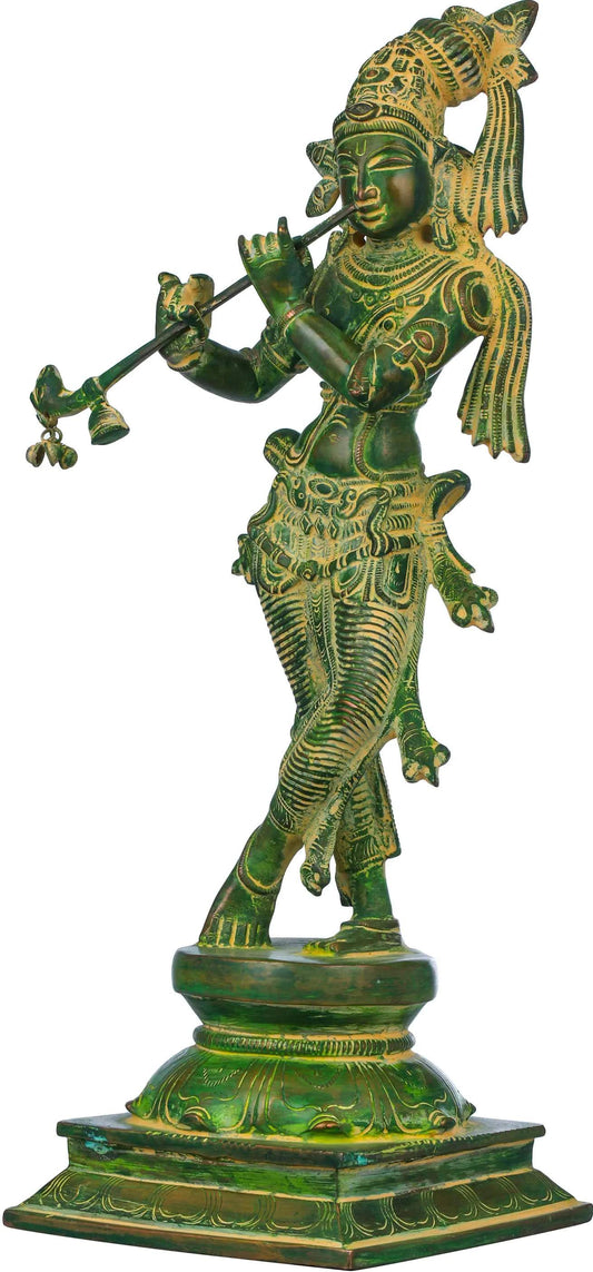 Green chala Brass Statue of Standing Lord Krishna Playing the Flute 14 inches