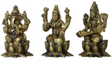 Brass seated Lakshmi, Ganesha, Saraswati idols with raised hands, 2-inch set