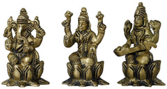 Brass seated Lakshmi, Ganesha, Saraswati idols with raised hands, 2-inch set